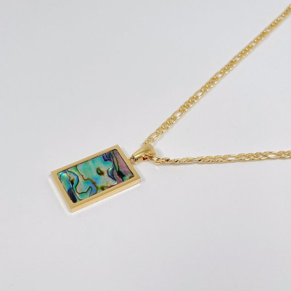 Abalone Paua Rectangle Pendant Figaro Chain 18K Real Gold Plated Necklace - Picture 3 of 11